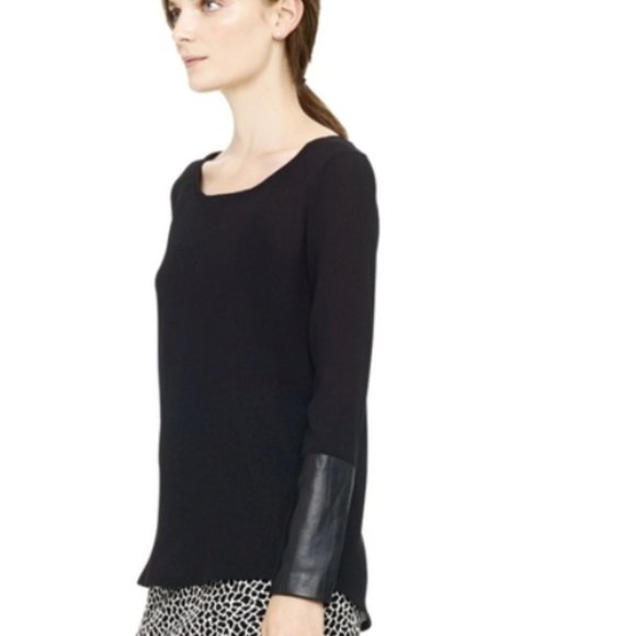 Club Monaco Tops - Club Monaco Silk Blouse Leather cuffs Black top cozy, long sleeves cute top